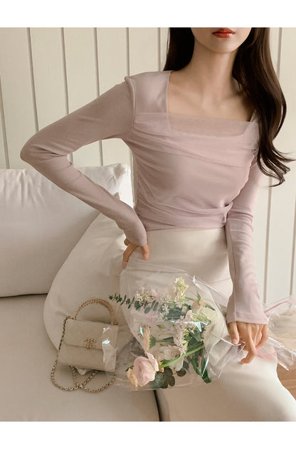 Romantic Sheer Square Neck Tee(3 colors)