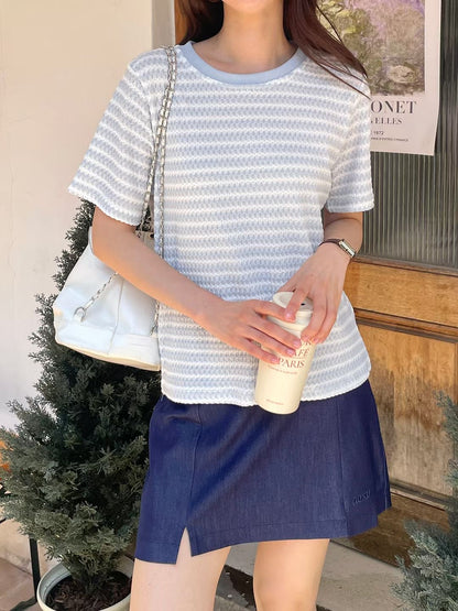 Classy Round Neck Embossed Tweed Tee(3 Colors)