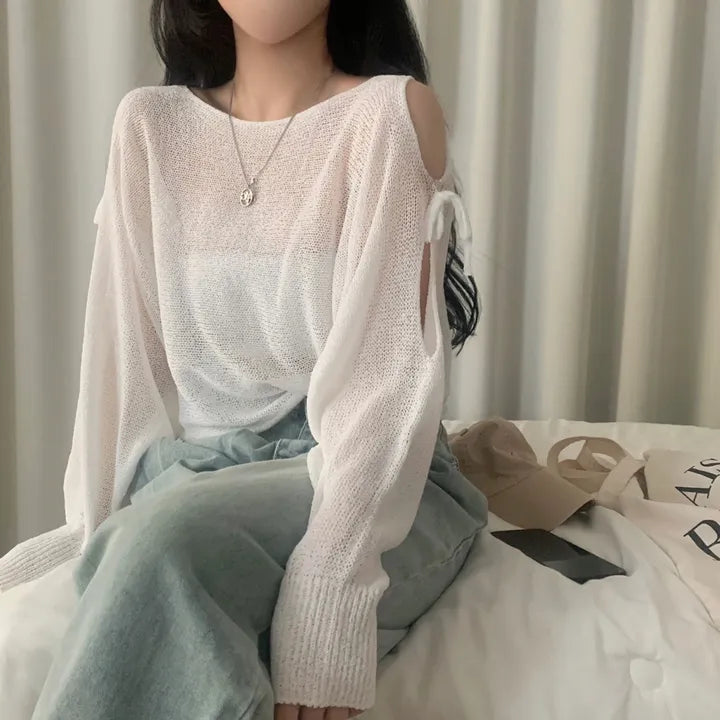 Ribbon Tie Open-Shoulder Knit Top(5 colors)
