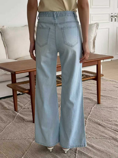 [Half Elastic Waist] Pajama-Soft Lightweight Stretchy Wide-Leg Bootcut Jeans(Light Blue)