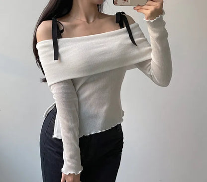 Romantic Bow Collar Off-Shoulder Top(3 colors)