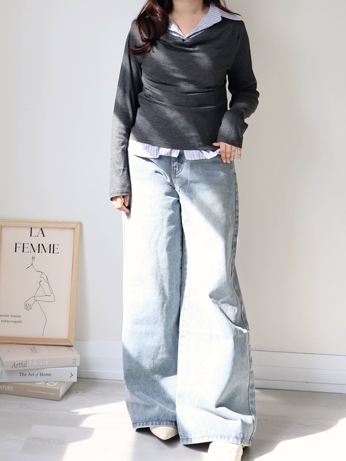 Layered Shirt-Collar Top(Charcoal)