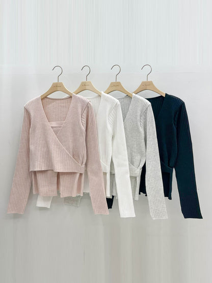 Creamy Faux Layered Wrap Knit Top(4 colors)