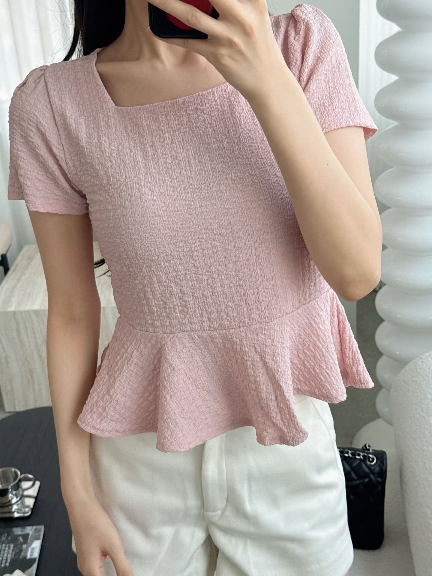 [Wrinkle-Free] Elegant Square Neck Flattering Peplum Blouse(3 Colors)