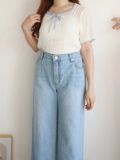 Romantic Square-Neck Contrast-Trim Bow Cable Knit Top(Ivory)