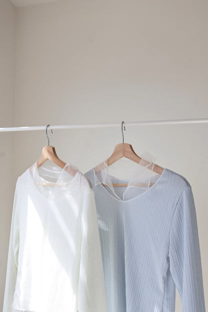 Graceful Sheer Trim V-Neck Top(Ivory)
