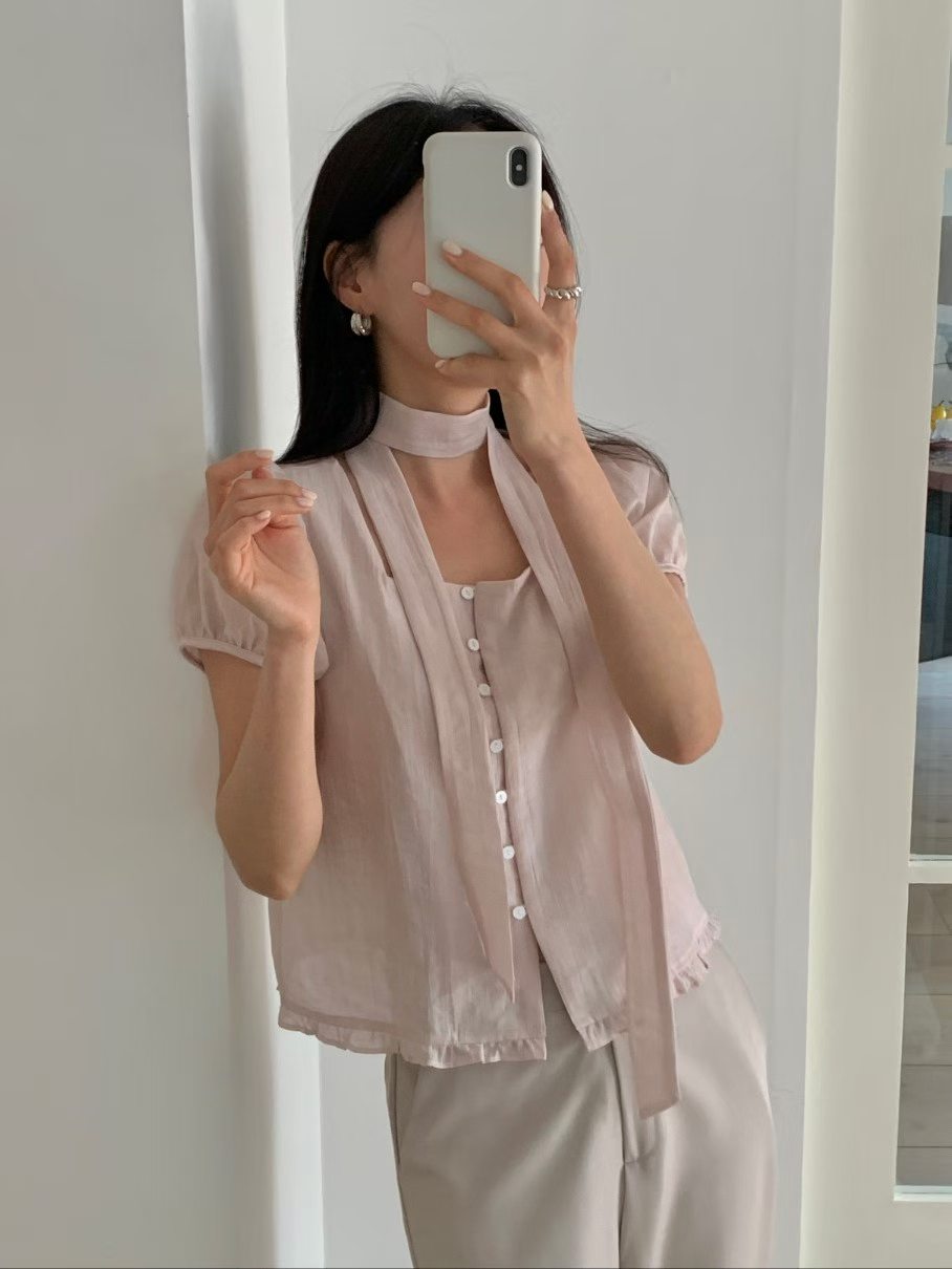 Romantic Square-Neck Buttoned Tencel Blouse(4 Colors)