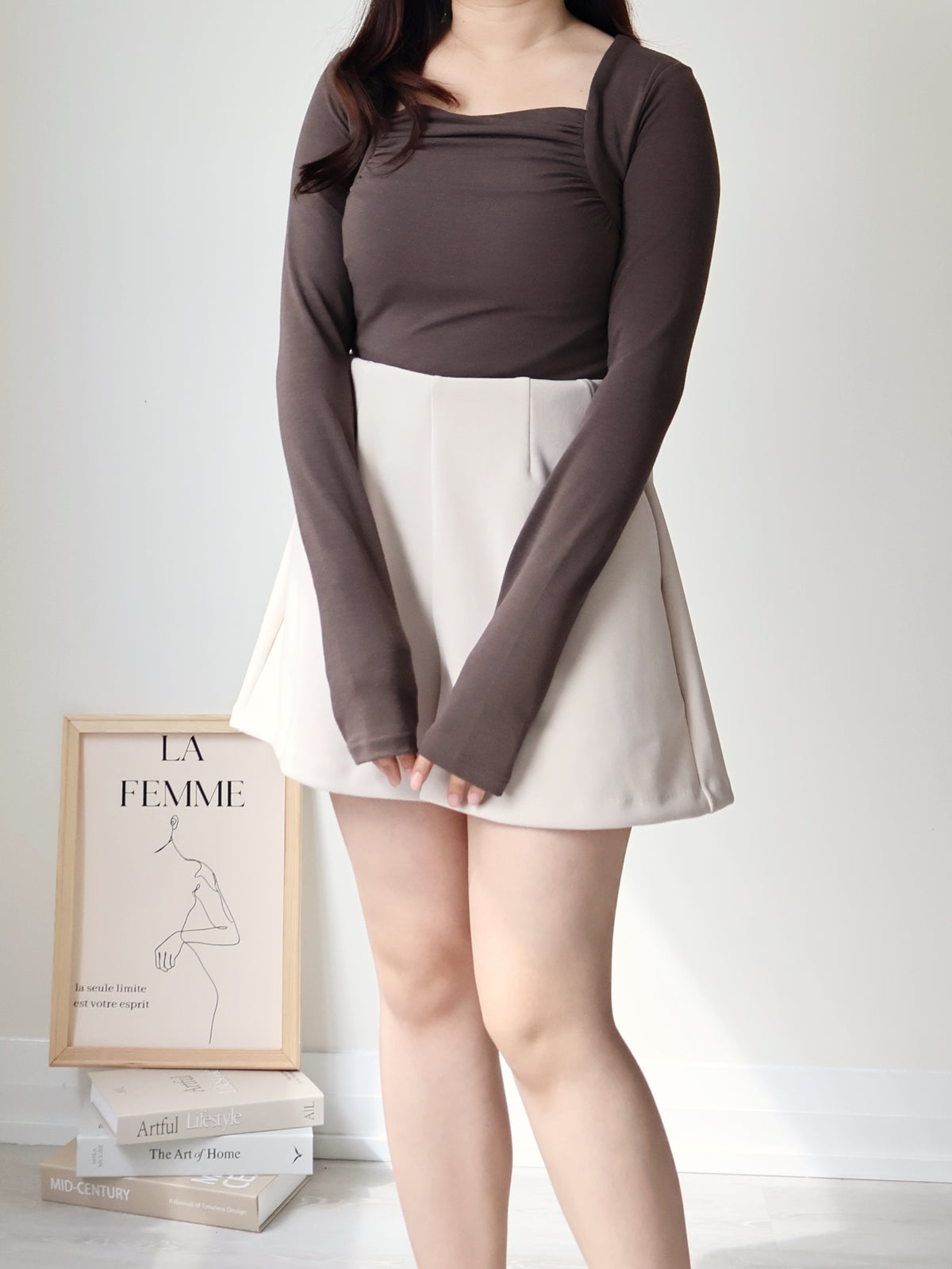 Square-Neck Pleated High-Stretch Top(Dark Brown)