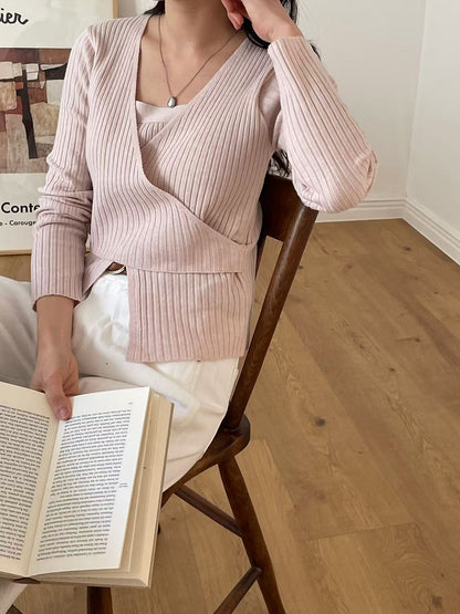 Creamy Faux Layered Wrap Knit Top(4 colors)