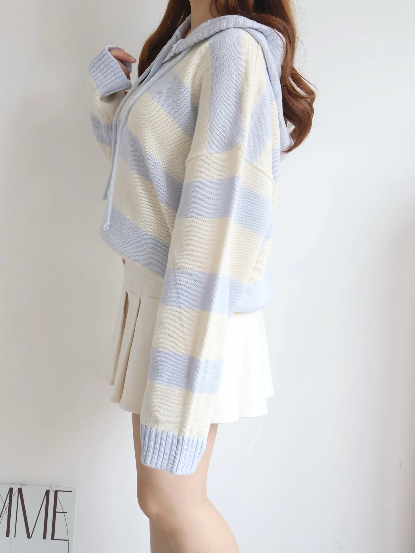 Misty Striped Knit Hoodie(Cream x Sky Blue)