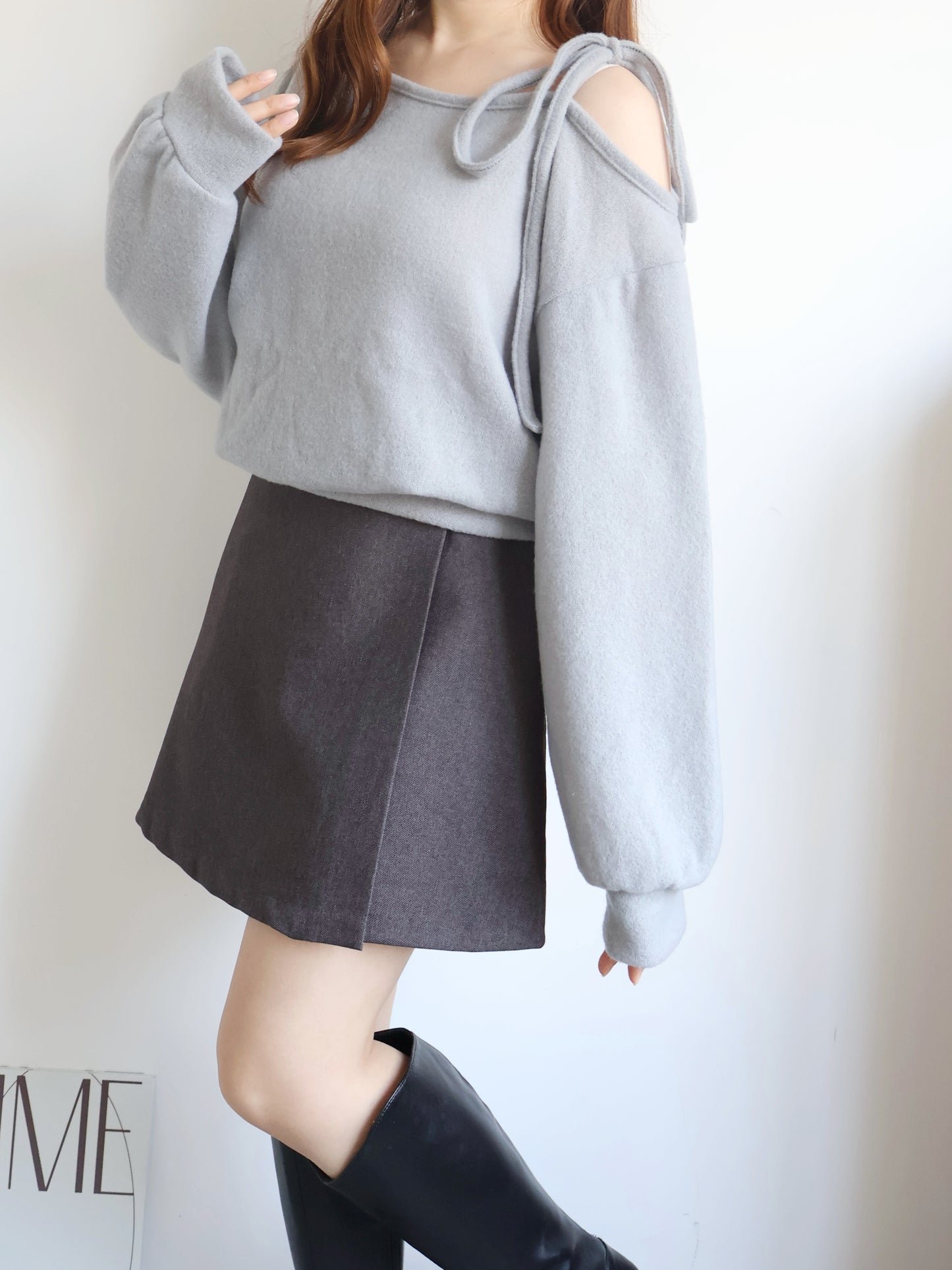 Asymmetric One-Shoulder Fleece Top(Grey)