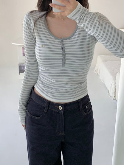 Parisian Striped Henley Knit Top(4 colors)