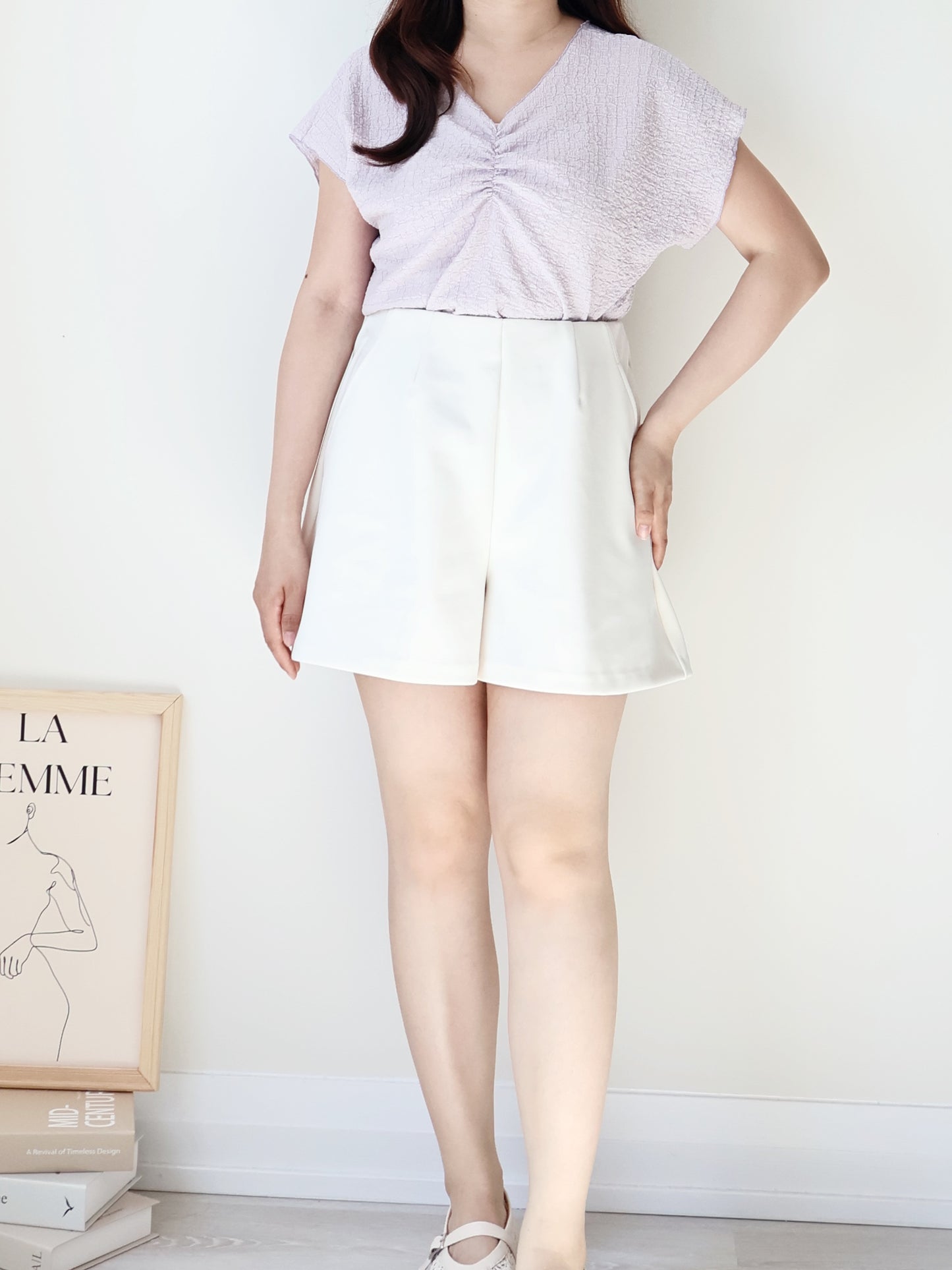 [Wrinkle-Free] V-Neck Waffle Arm-Concealing Top(Lavender)