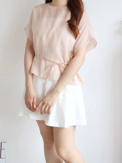 Elegant Tie Detail Flutter-Sleeve Tencel Blouse(Peach)
