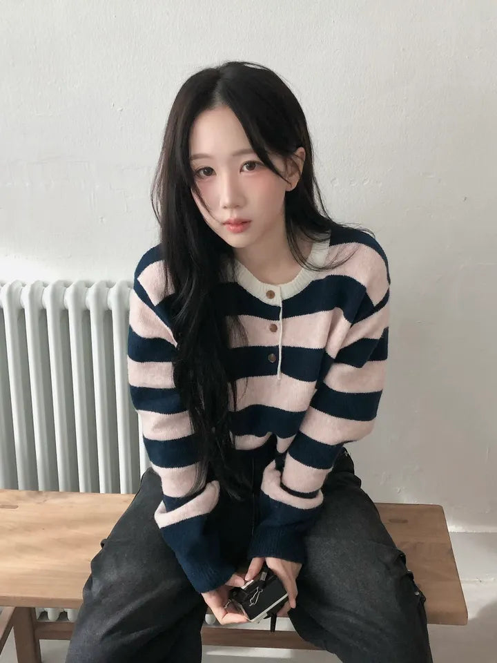 [5% Wool] Henley Neck Two-Tone Striped Sweater(4 colors)