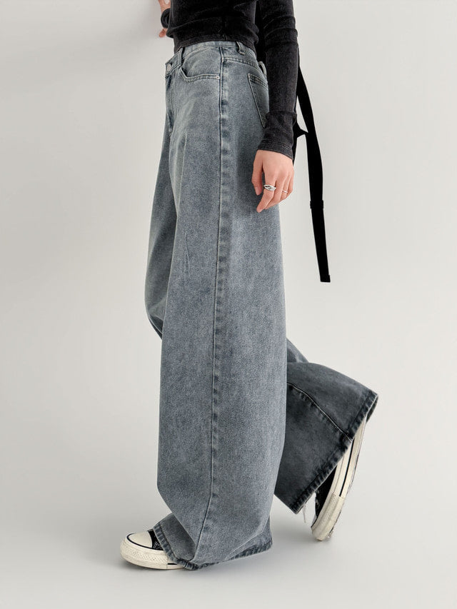 [S-2XL · 3 Lengths] Vintage-Wash Wide-Leg Denim Pants(Dusty blue)