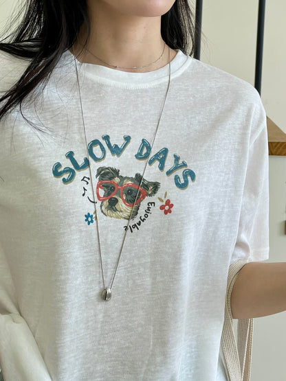 Oversized Slow Days Dog Graphic Cotton T-Shirt(3 Colors)