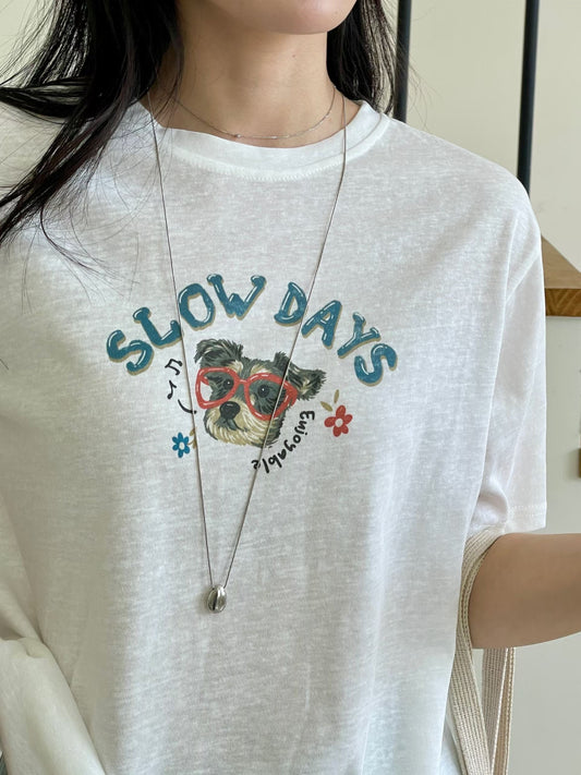 Oversized Slow Days Dog Graphic Cotton T-Shirt(3 Colors)