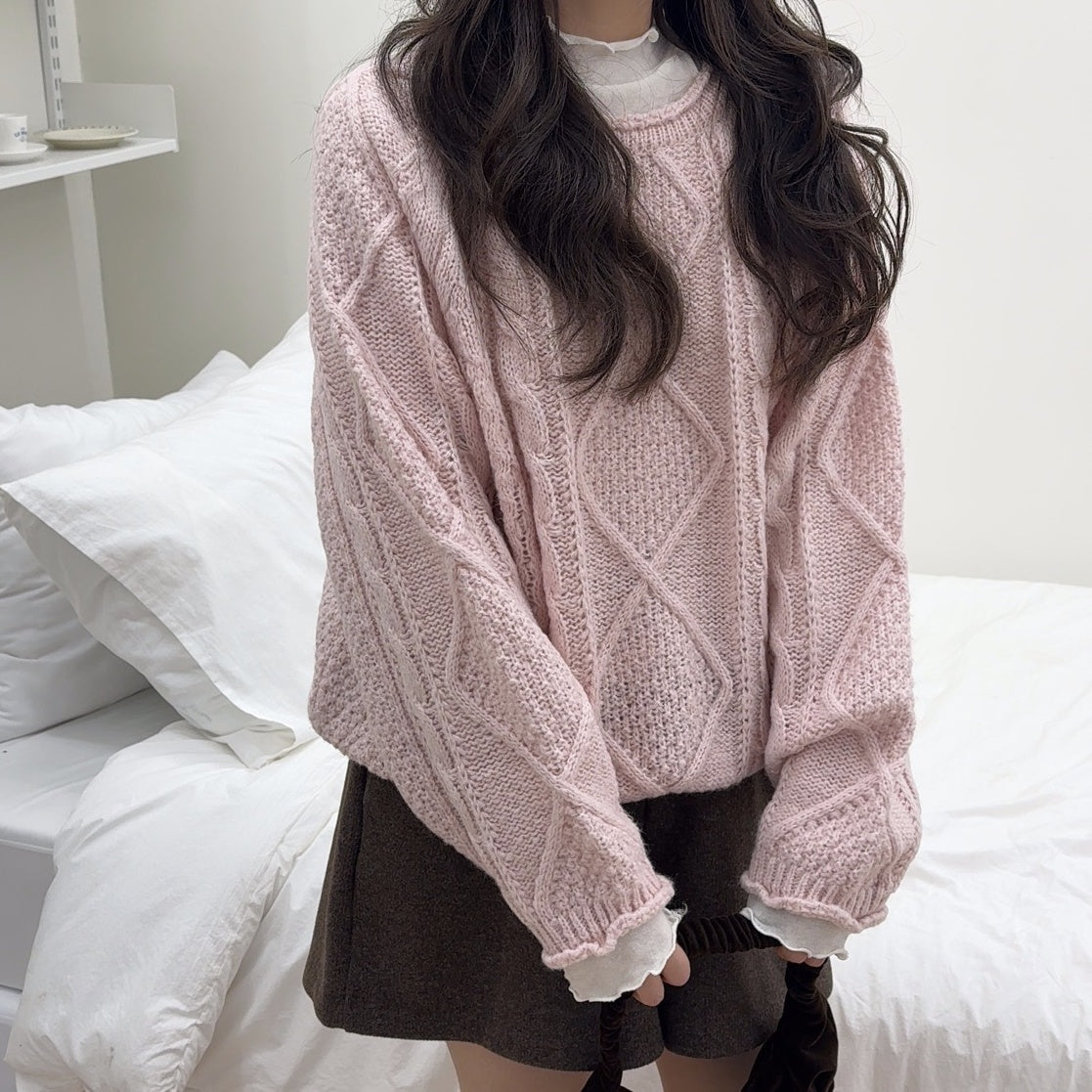Round Neck Cable Knit Sweater(4 colors)