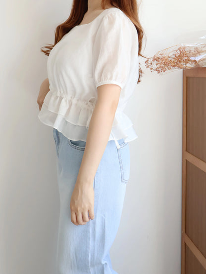 Airy Square-Neck Cinched Chiffon Blouse(Ivory)