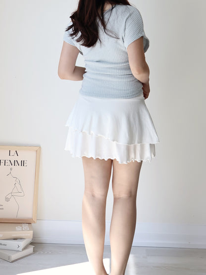 Flowy Flex-Waist Tiered A-Line Mini Skirt(Ivory)