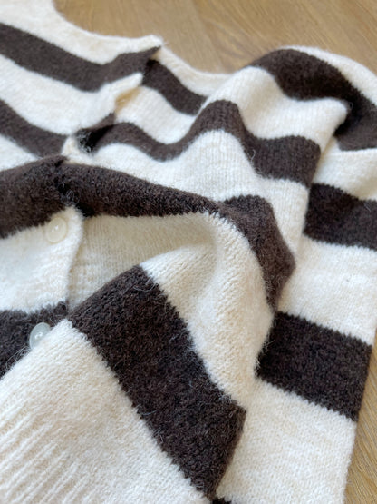 [10% WOOL] Raccoon Striped Cardigan(Coffee)