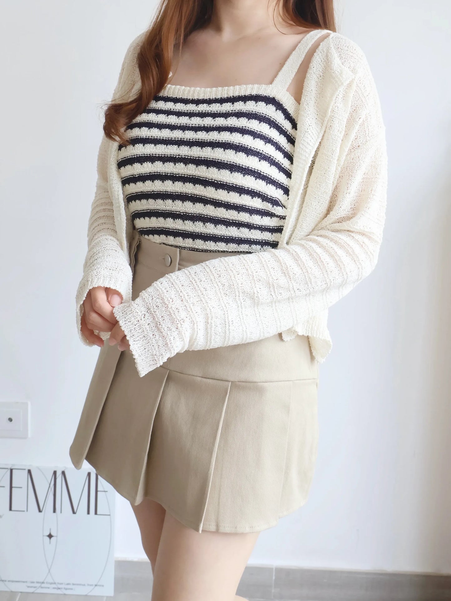 [2-Piece Set] Cozy Weekend Stripe Cami & Knit Set(Beige)