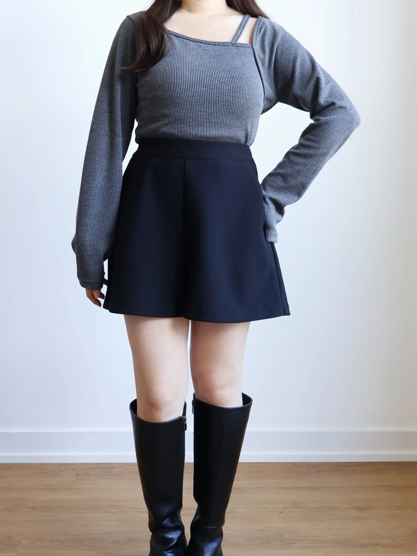 Ribbed Asymmetrical String T-shirt(Charcoal)