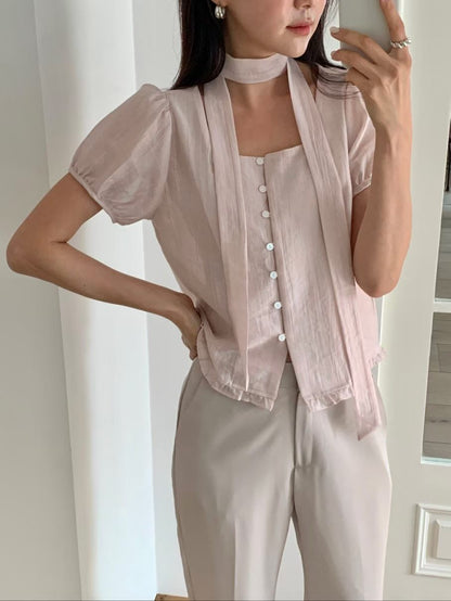 Romantic Square-Neck Buttoned Tencel Blouse(4 Colors)