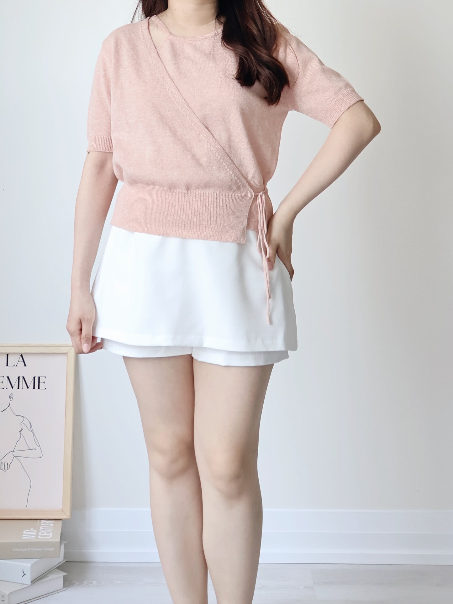 Lighweight Eyelet Overlap Linen Knit Top(Peach)