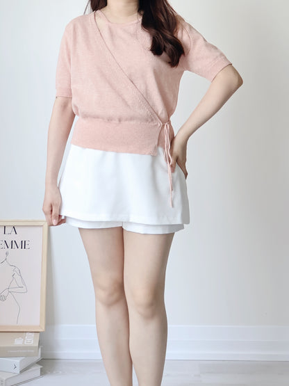 Lighweight Eyelet Overlap Linen Knit Top(Peach)