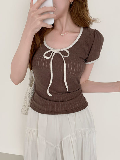 Sweet Color-Block Ribbon Bow Top(3 Colors)