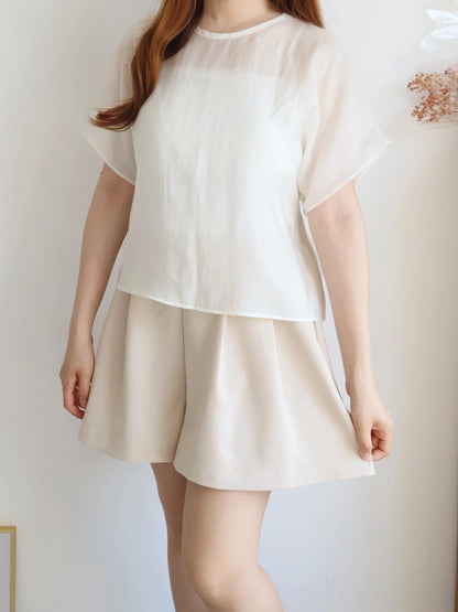 Elegant Tie Detail Flutter-Sleeve Tencel Blouse(Ivory)