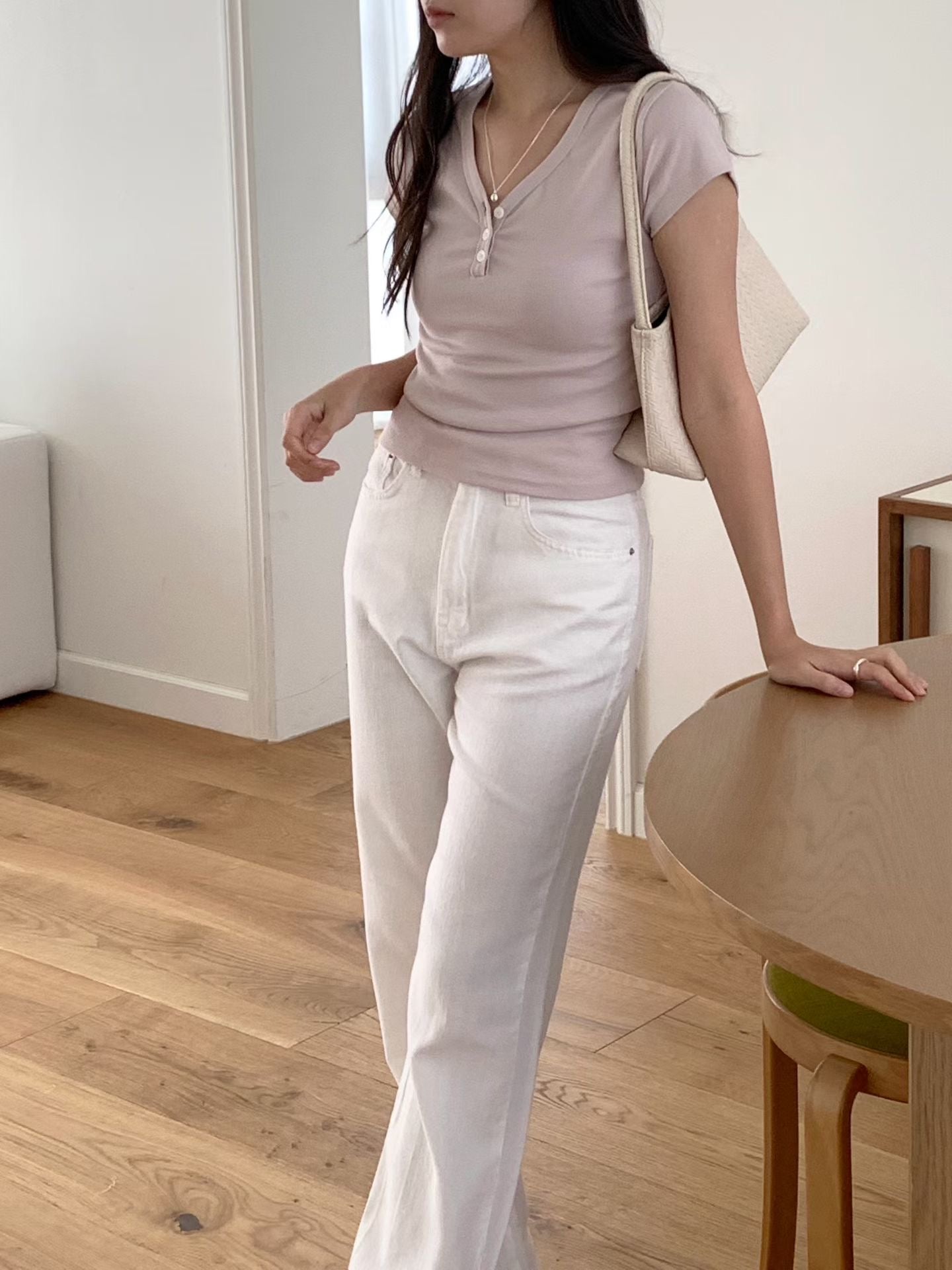 Minimalist V-Neck Button-Up Cotton Tee(3 Colors)