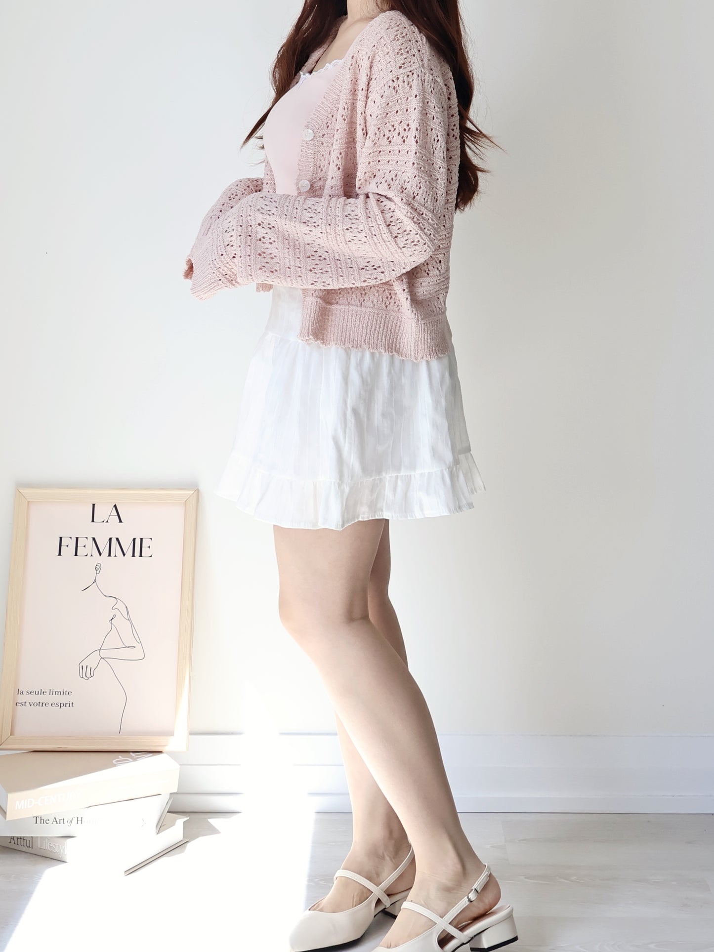 Romance V-Neck Eyelet Knit Cardigan(Peach)
