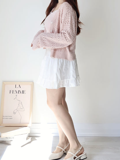 Romance V-Neck Eyelet Knit Cardigan(Peach)