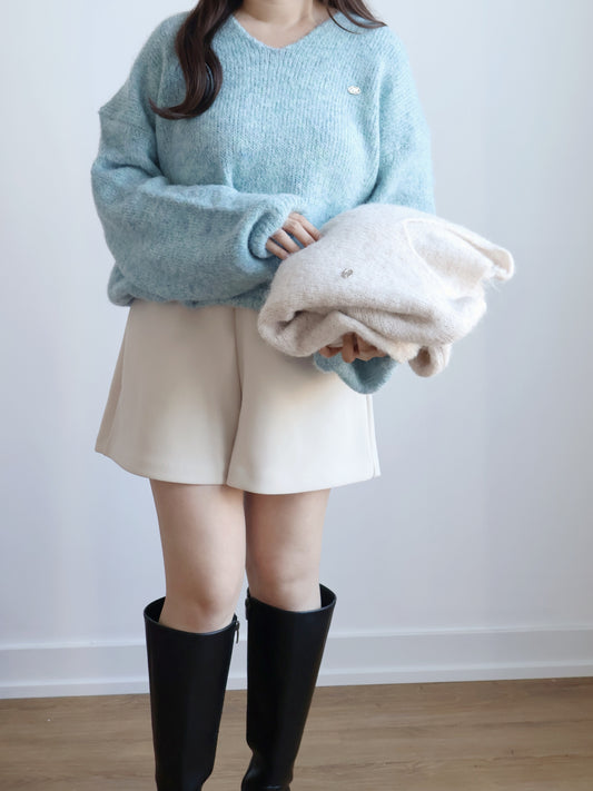 [10% WOOL] V-neck Mixed-color Mochi Sweater (Arctic Blue)