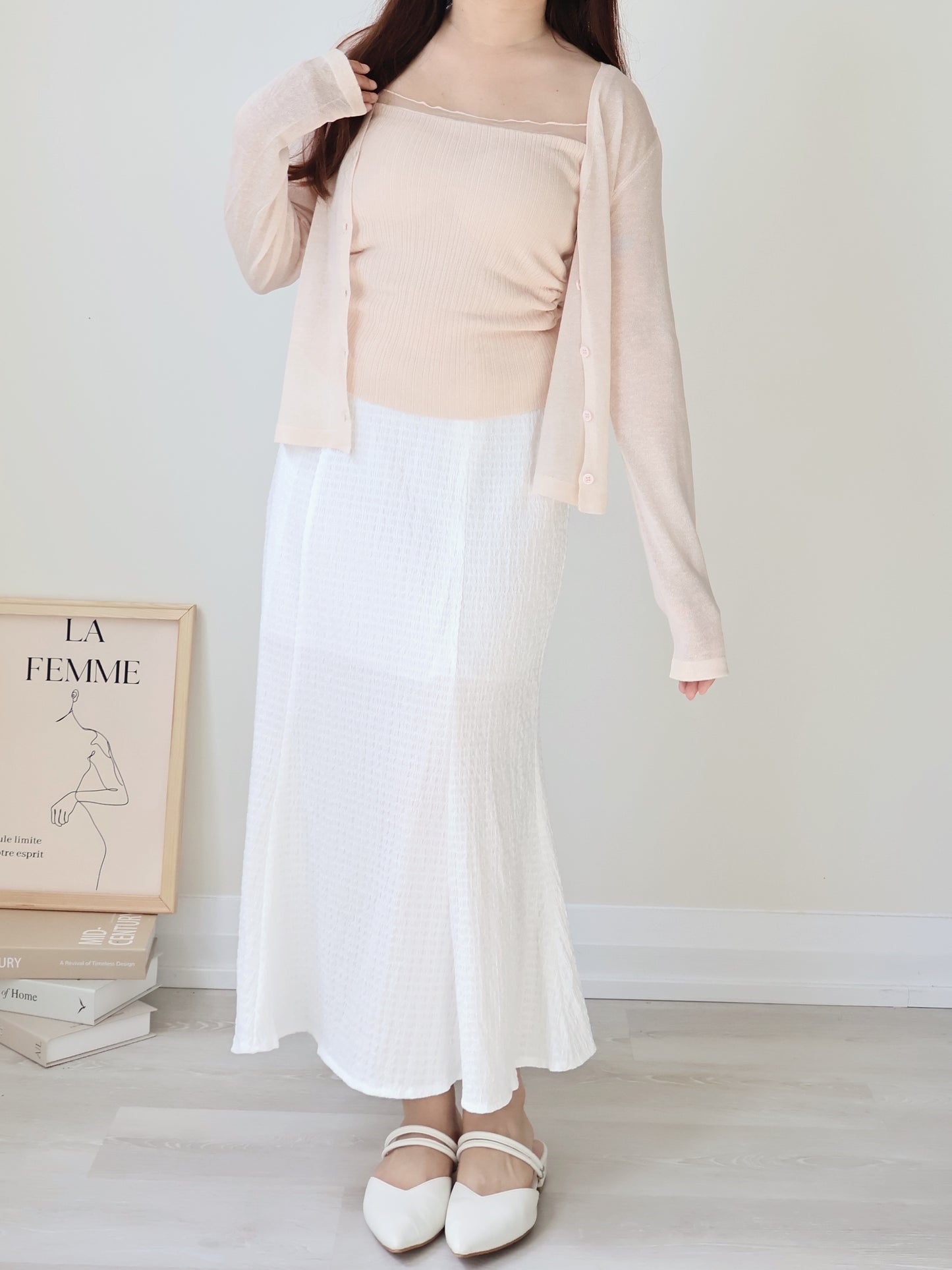 [Wrinkle-Free] Elegant Crinkle Mermaid Midi Skirt(Ivory)