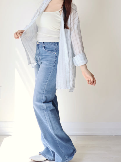 [Wrinkle-Free] Airy Sun-Protective Tencel Striped Shirt(Misty Blue)
