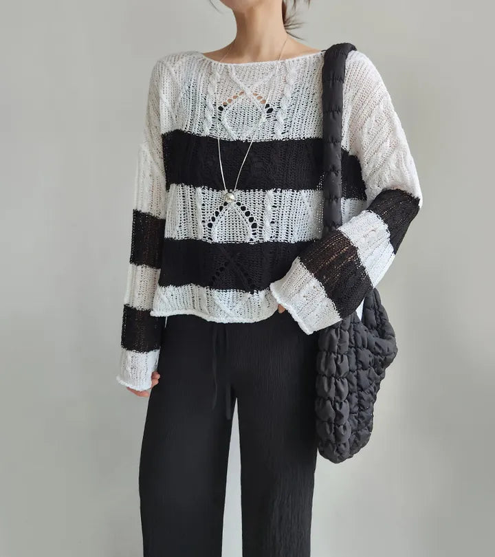Soft Cable-Knit Colour-Block Top(Black)