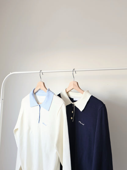 Teddy Collar Colour-Block Embroidered Soft Sweater(Navy)