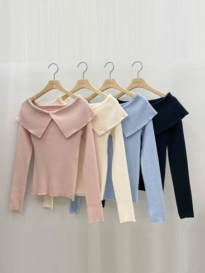 Wide Lapel Collar Off-Shoulder Knit Top(4 colors)