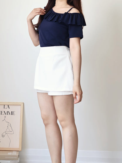 Arm-Slimming Ruffle One-Shoulder Tee(Navy)