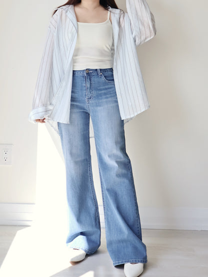 [Wrinkle-Free] Airy Sun-Protective Tencel Striped Shirt(Misty Blue)