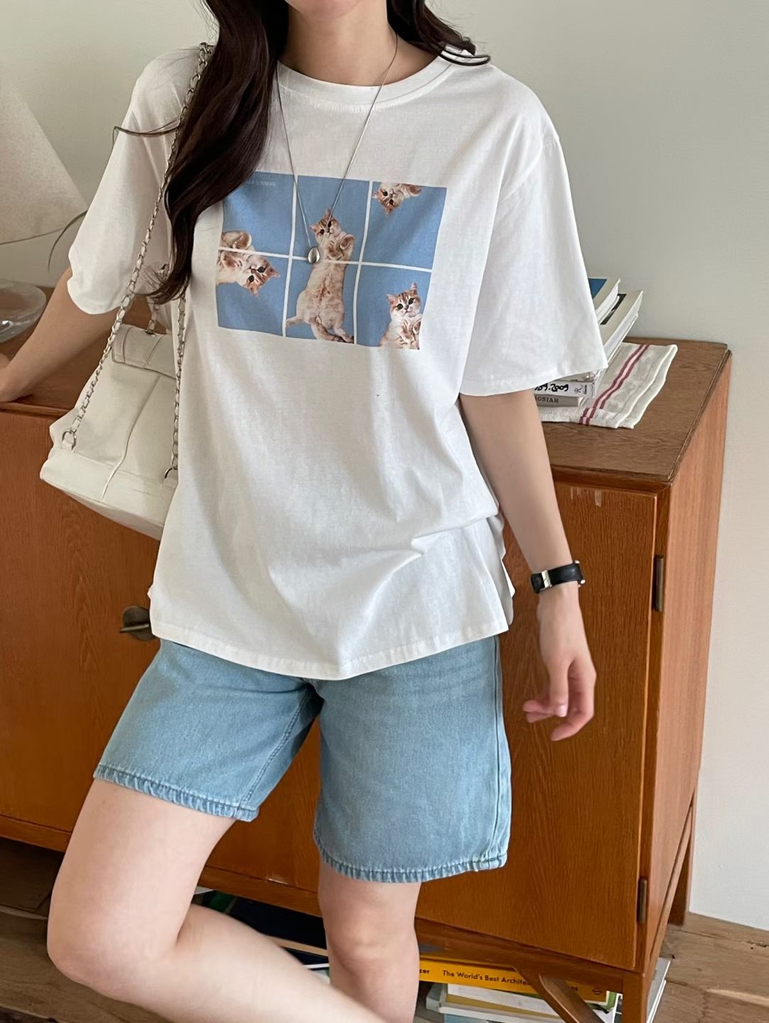 Oversized Cats Graphic Cotton T-Shirt(3 Colors)