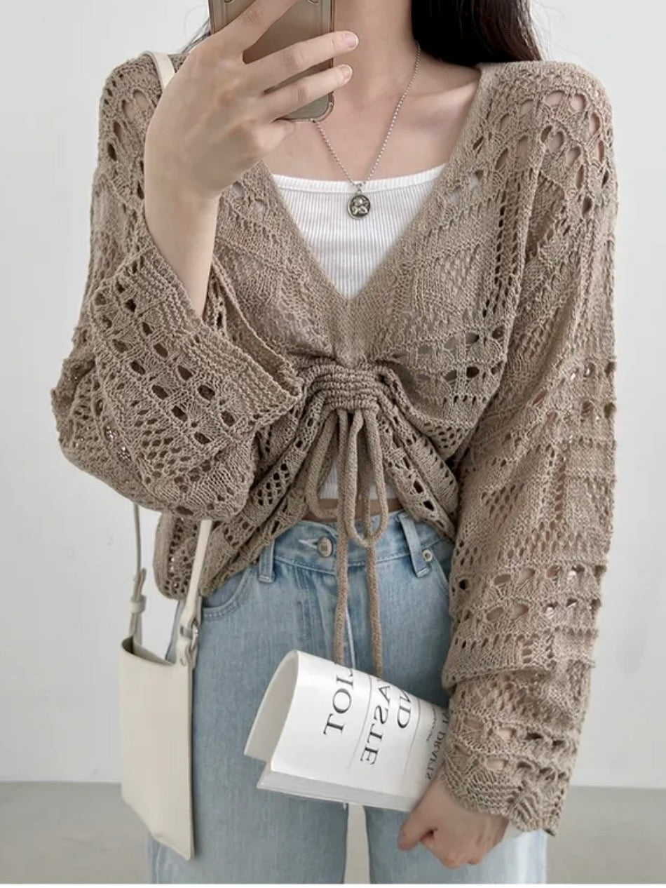 Relaxed V-Neck Drawstring Pointelle Knit Top(5 colors)