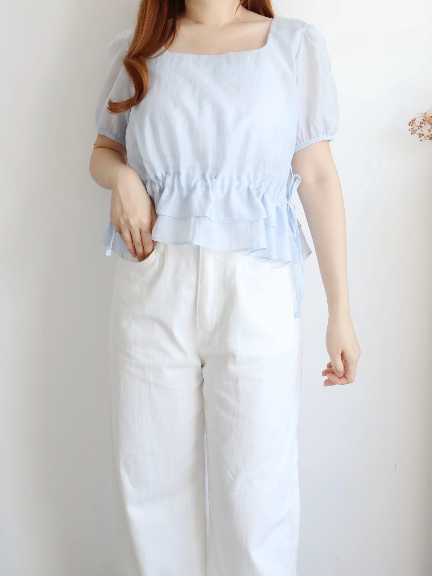 Airy Square-Neck Cinched Chiffon Blouse(Sky blue)
