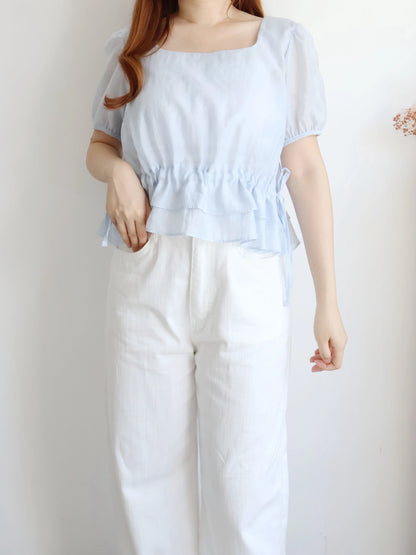 Airy Square-Neck Cinched Chiffon Blouse(Sky blue)
