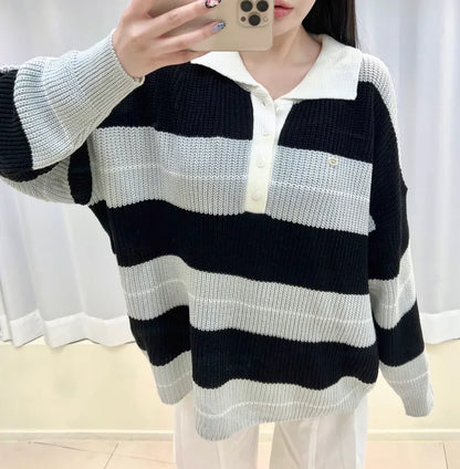 Relaxed Stripe Knit Top with Lapel Collar(4 colors)