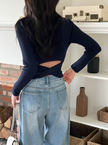 Elegant Boat Neck Open-Back Knit Top(4 colors)